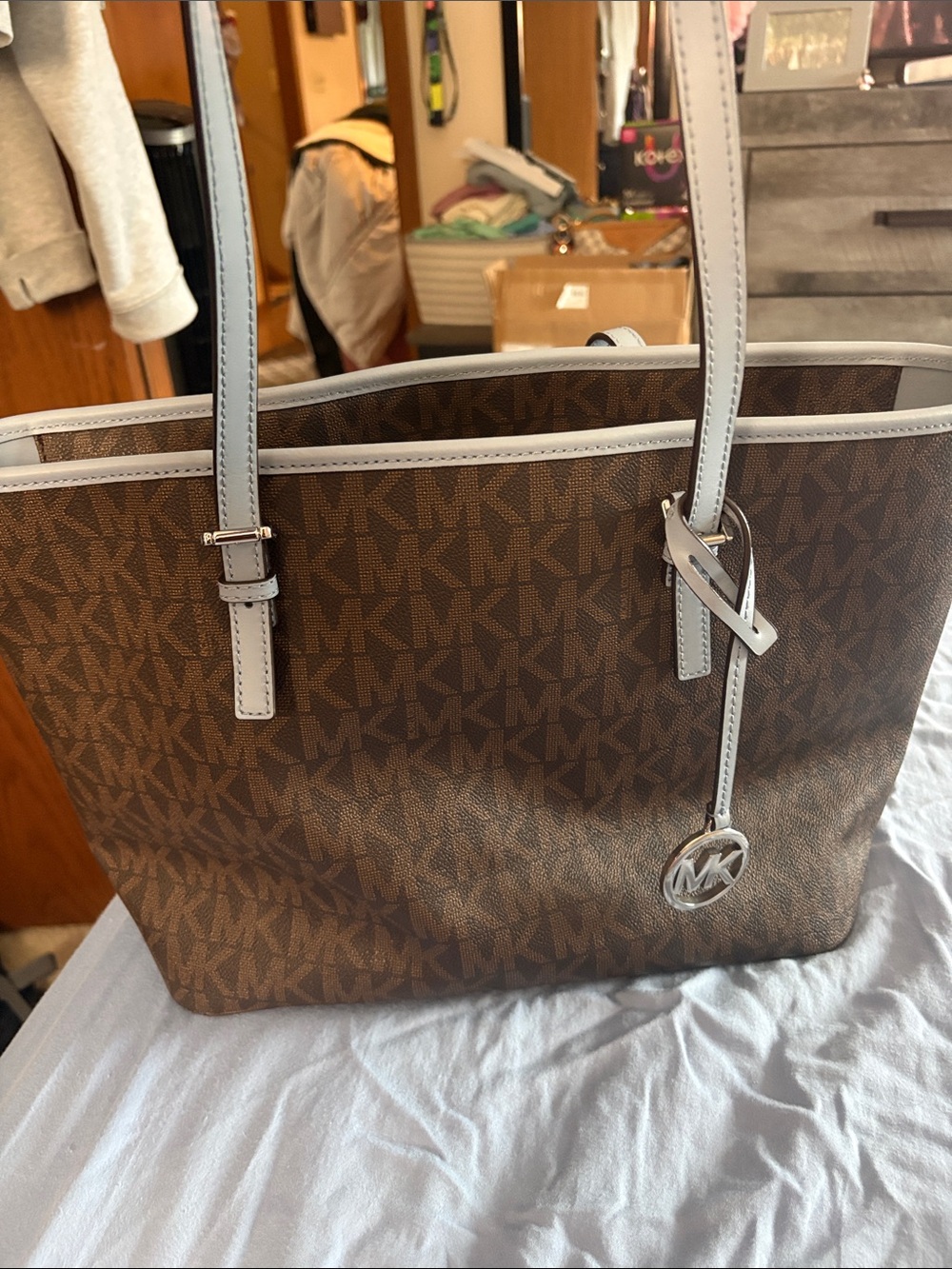 Michael Kors Brown Signature Tote with Light Blue Trim and MK Charm